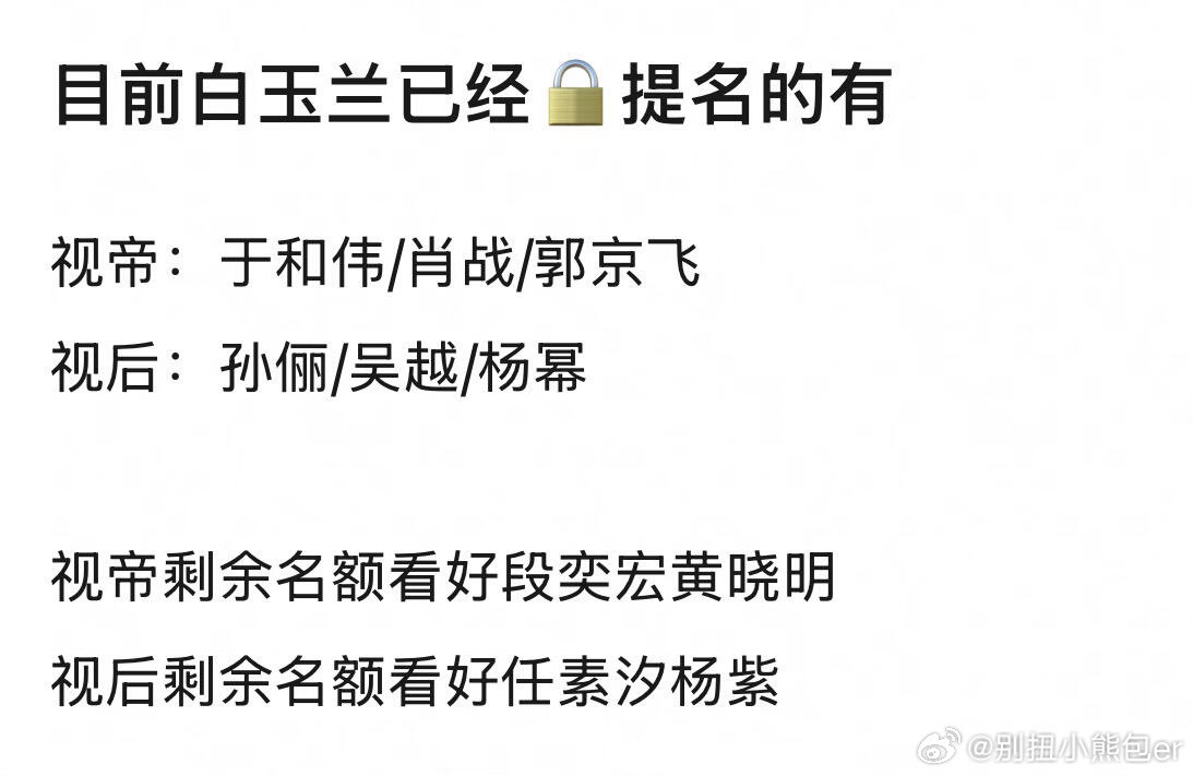 白玉兰预测白玉兰已🔒提名名额视帝：于和伟/肖战/郭京飞视后：孙俪/吴越/杨幂视
