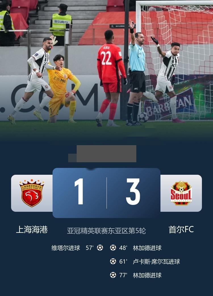 亚冠-上海海港1-3首尔FC 亚冠三连败 林加德2射1传，维塔尔破门
11月25
