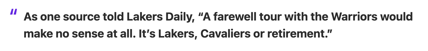 湖人日报今日撰文，如果詹姆斯今年休赛期不退役，联盟内部普遍看法是，詹姆斯要么与湖