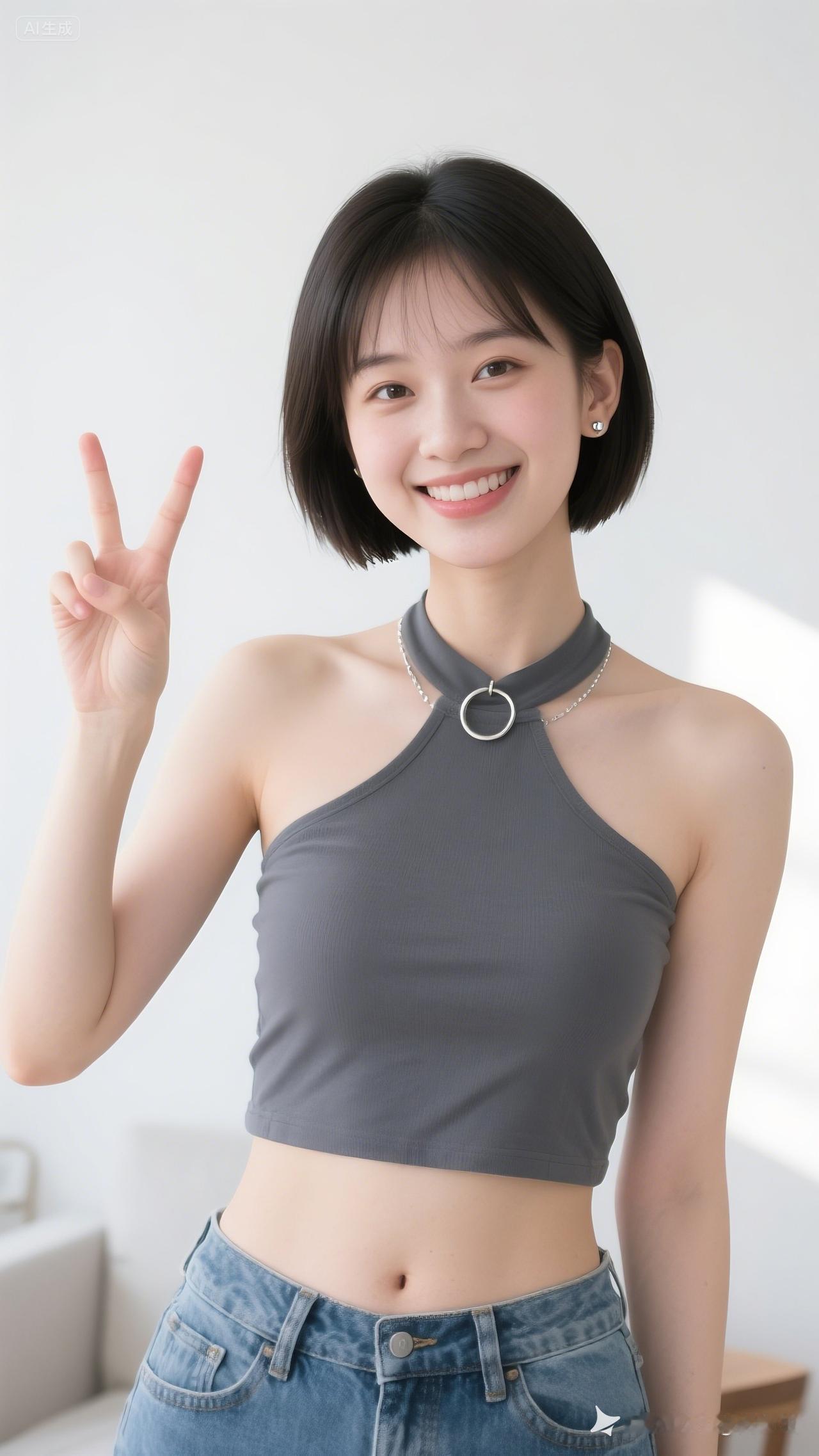 少女白嫩瓷肌，超短发贴头皮，圆润脸配自然眉，亮眸无妆、巧鼻浅笑。左手比V，深灰挂