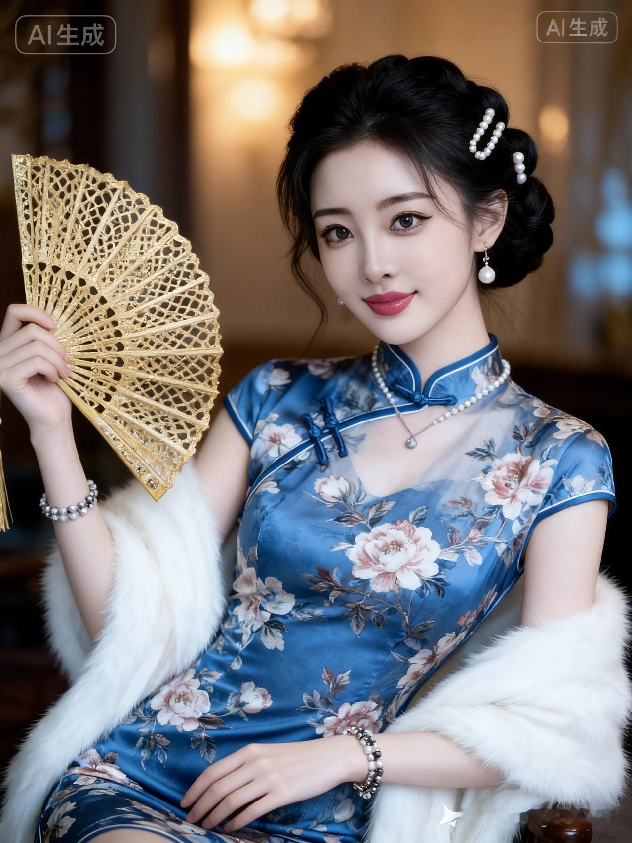 19岁东方少女梳复古珍珠盘发，身着蓝底花卉旗袍配白毛绒披肩，持金扇侧身而立。暖光