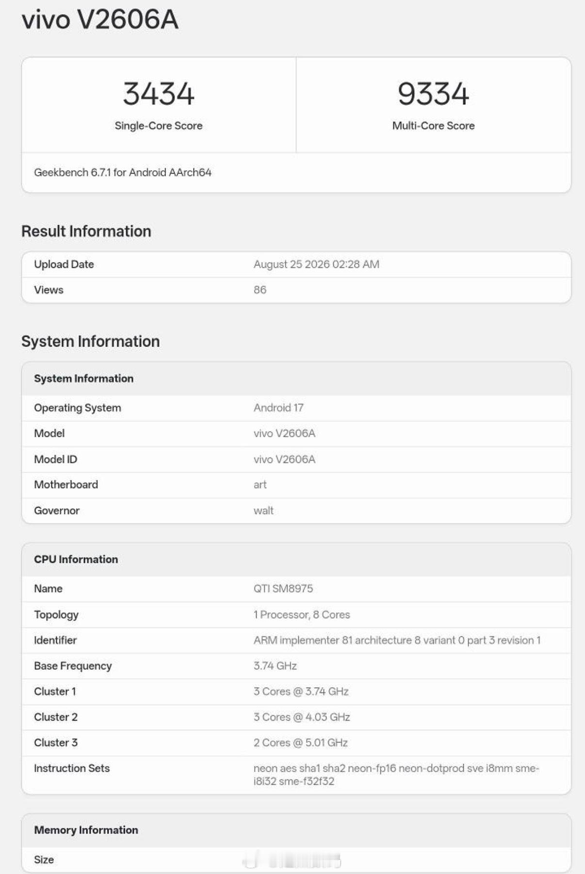 iQOO 16在GB6数据库露出，单核3434，多核9334搭载的骁龙8 Eli