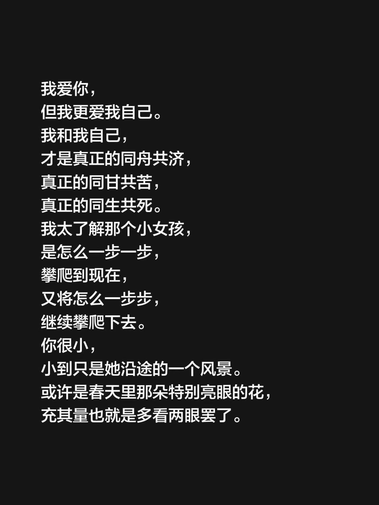 我爱你，
但我更爱我自己。
我和我自己，
才是真正的同舟共济，
真正的同甘共苦，