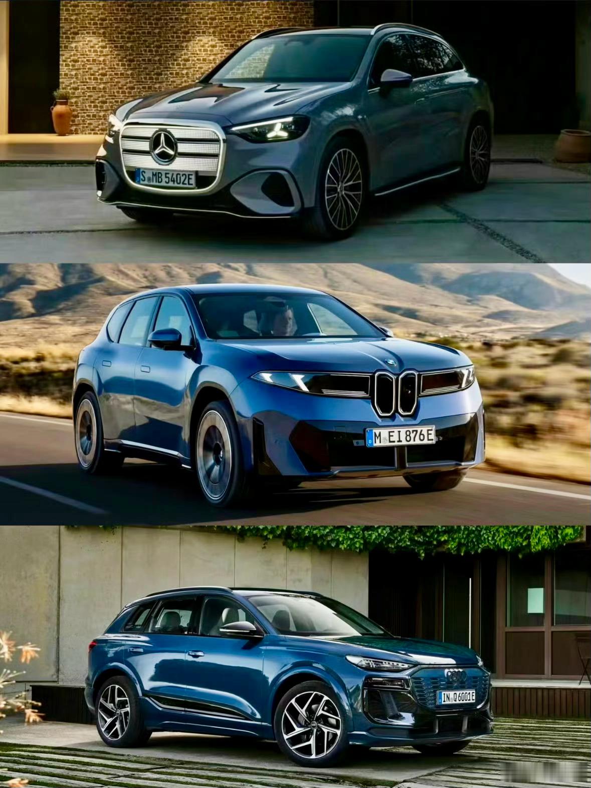 BBA全新纯电中型SUV，从上到下分别是：奔驰GLC EV、宝马i3、奥迪Q6 