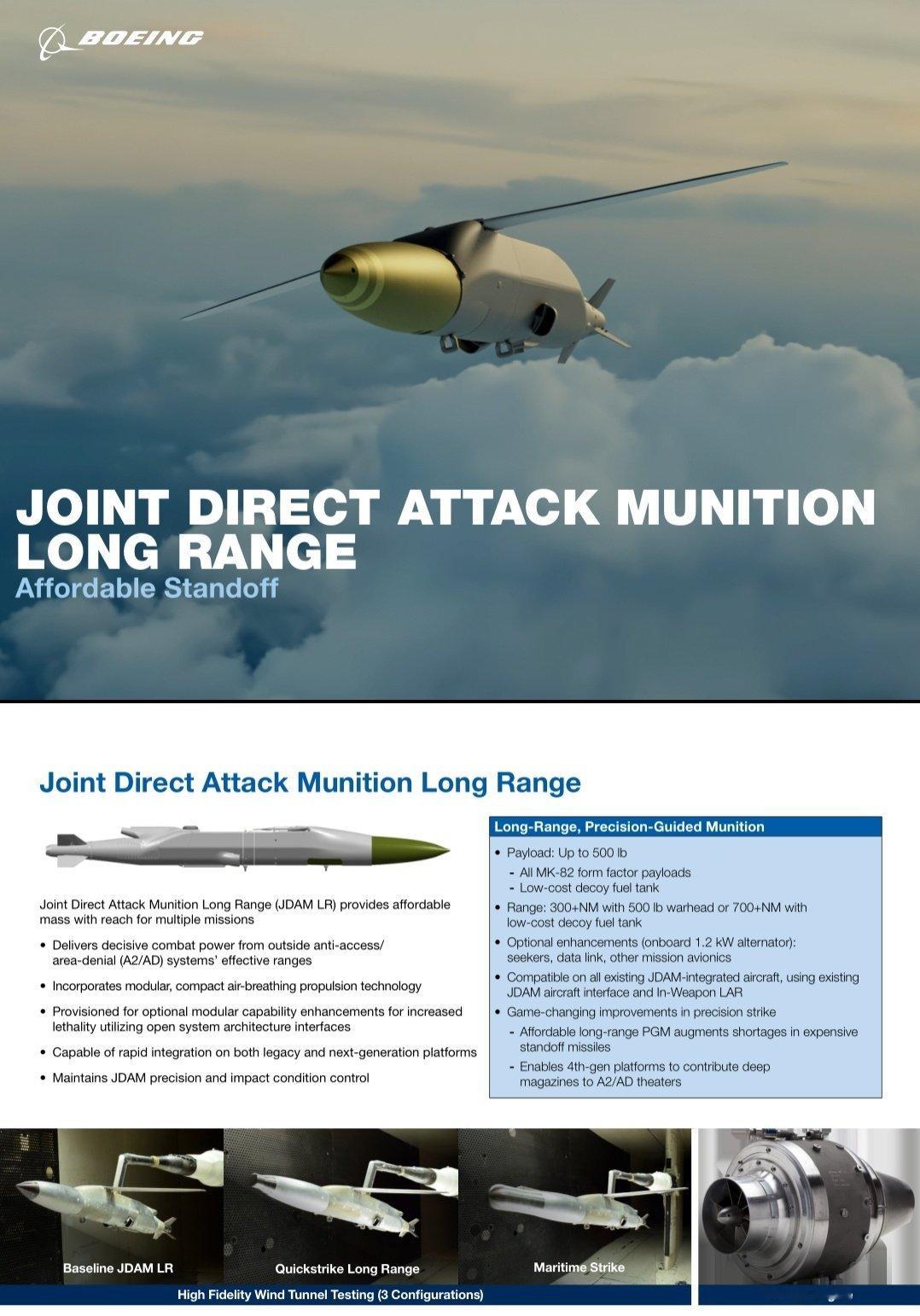 🔻波音公司推出的JDAM-LR导弹套件。🔻其实就是给铁炸弹套个J85涡喷发动