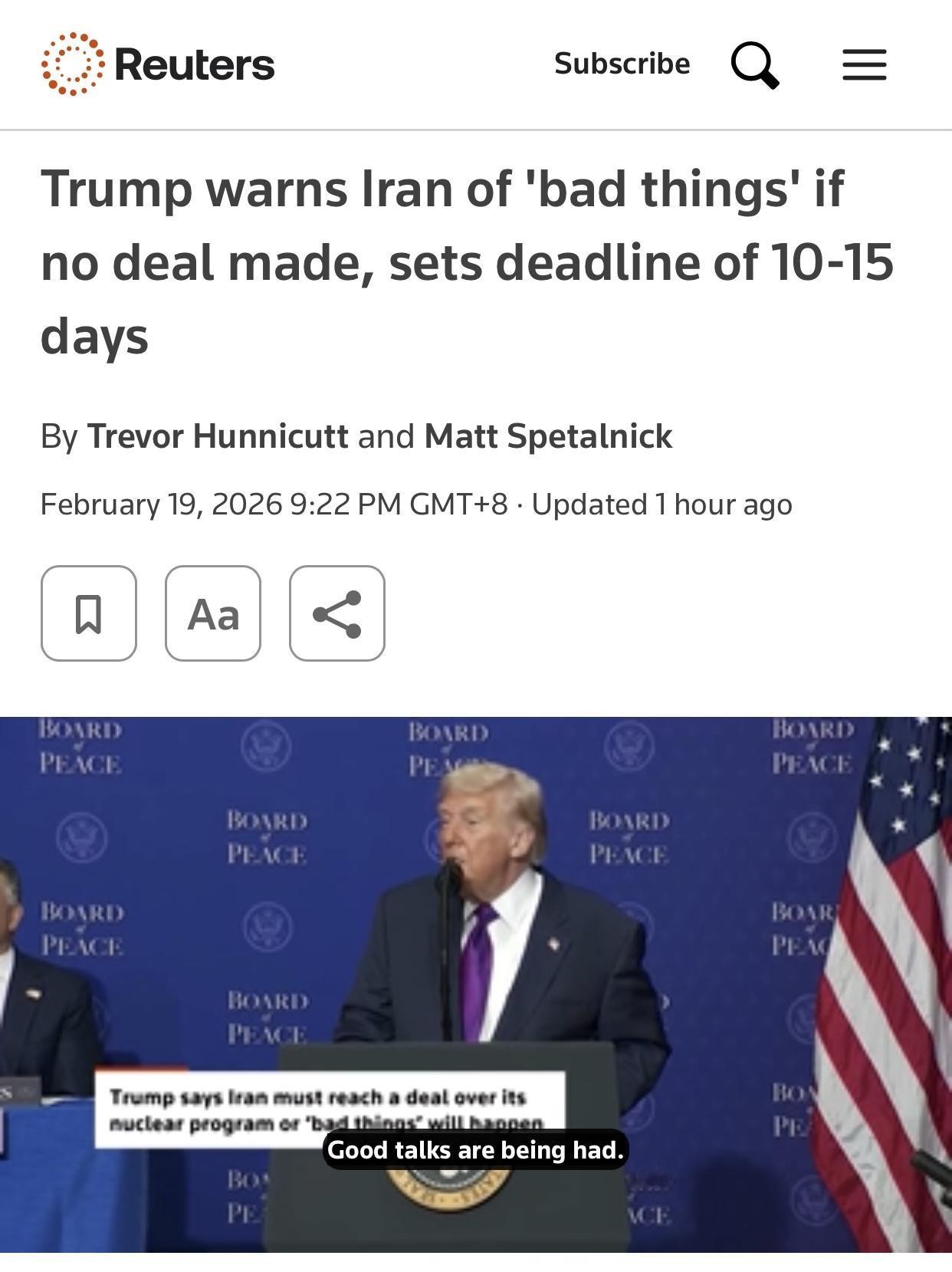 路透社：特朗普给伊朗下最后通牒，10-15天必须达成协议否则动武

路透社华盛顿