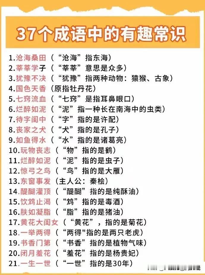 涨知识了！终于有人将37个成语中的有趣常识给说清楚了，个个经典，值得学习！尤其是