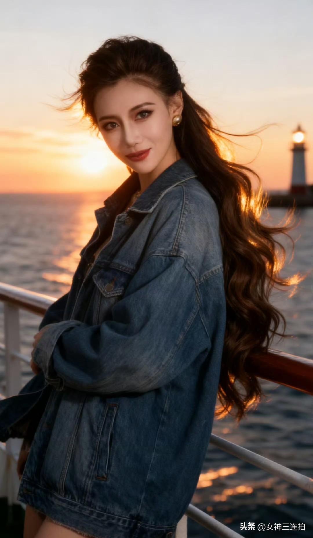 夕阳下的海边，温柔少女与灯塔相伴，浪漫氛围满满🌅🌊💕