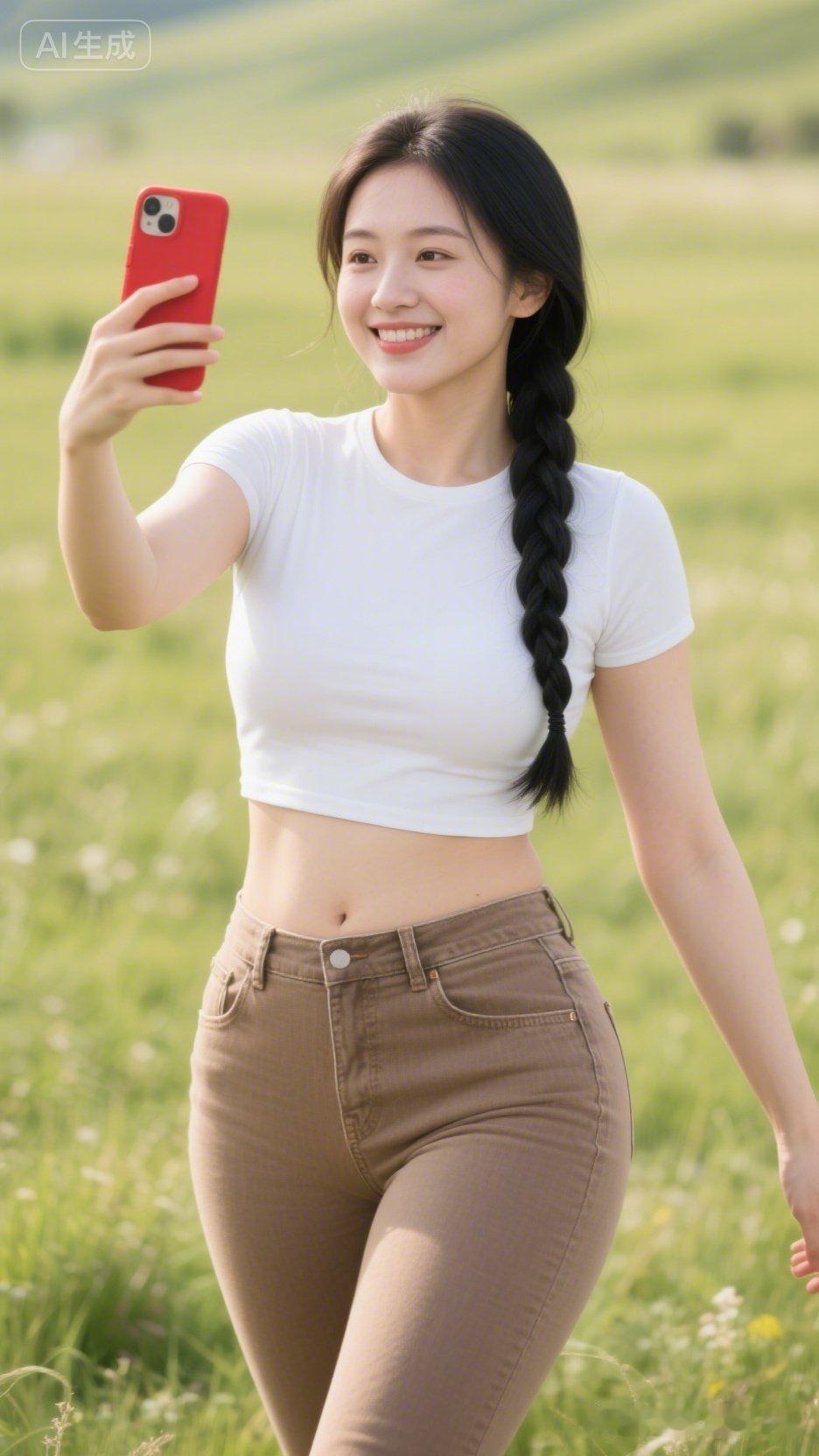 阳光下的甜美自拍，白色上衣与棕色牛仔裤的完美搭配，笑靥如花，元气满满！🌞💕