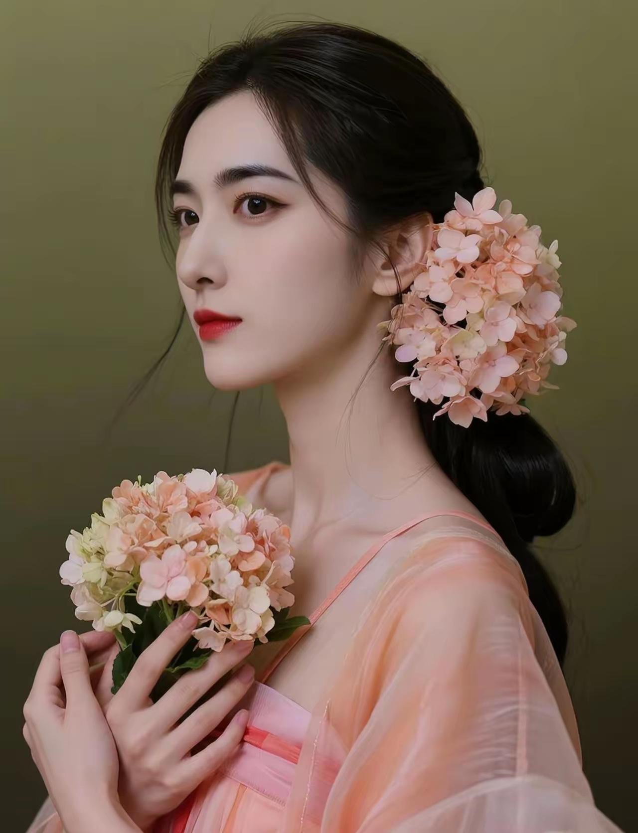 天净沙·粉纱佳人
粉纱轻衬柔颜，
绣球斜绕鬓边，
花束相携目恋。
韵姿堪羡，
古