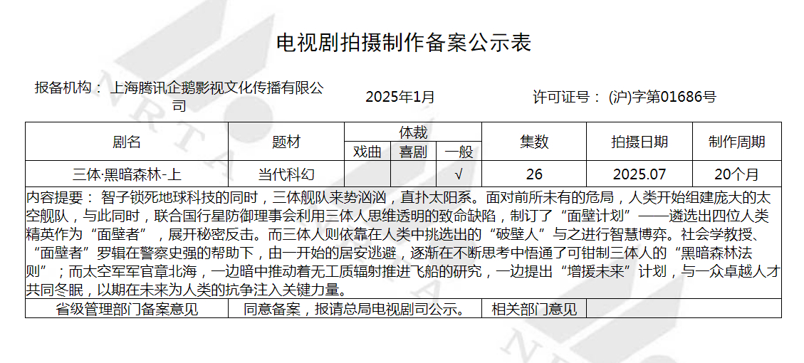 《三体·黑暗森林-上》电视剧拍摄制作备案公示 