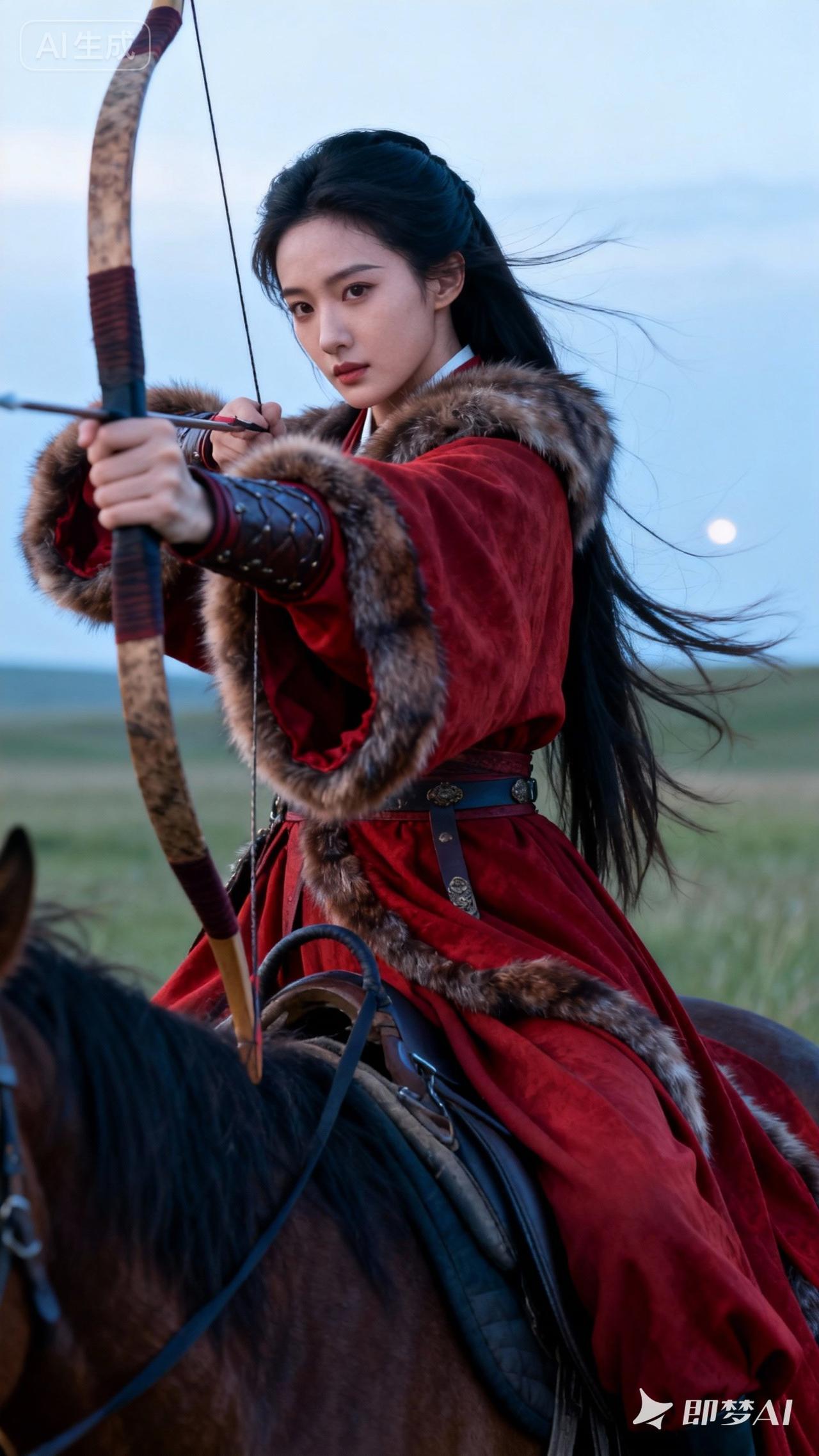 红衣女骑马，弯弓射天狼。