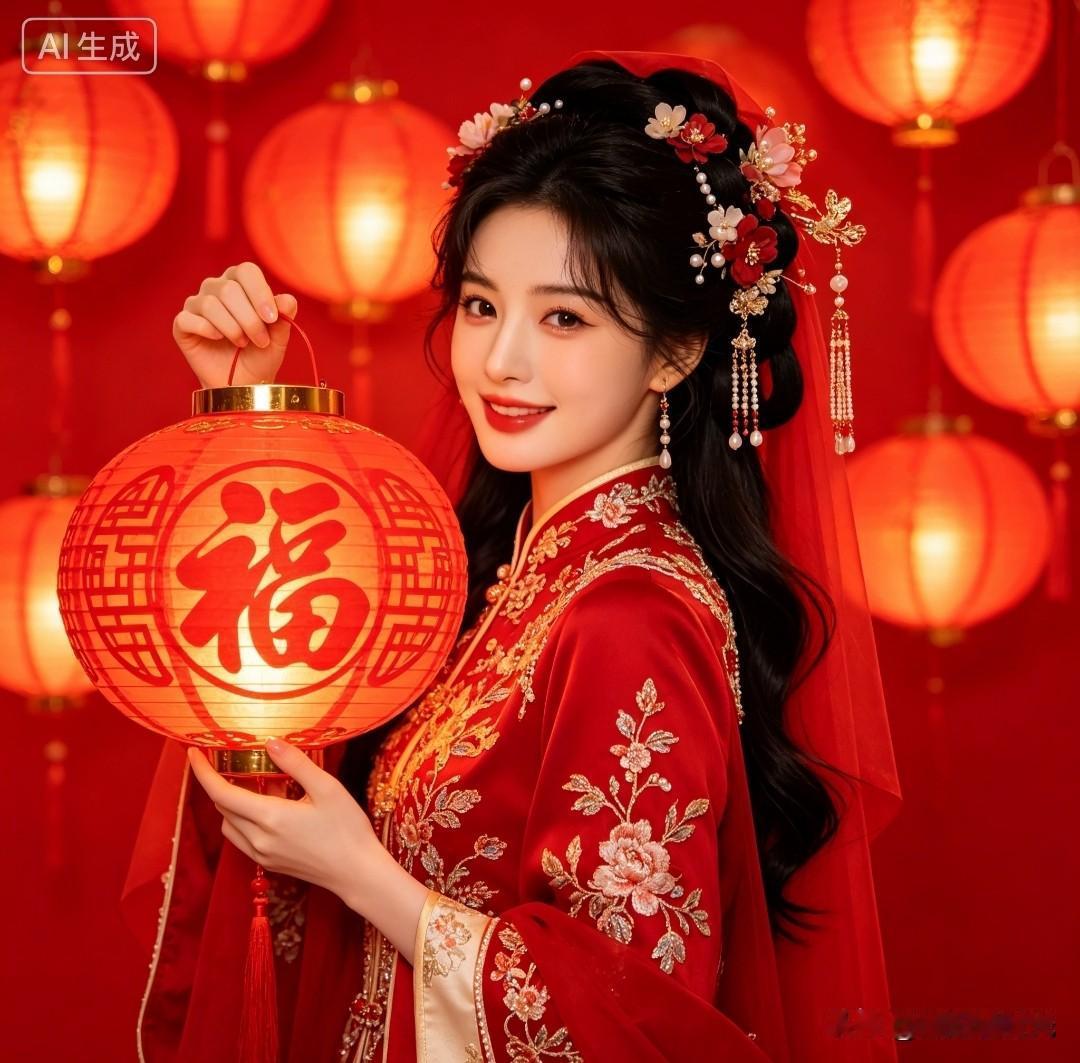 一袭红妆，满目喜庆。锦绣秀禾布满盛放牡丹刺绣，繁复发簪缀着珠花与流苏，红纱轻垂。