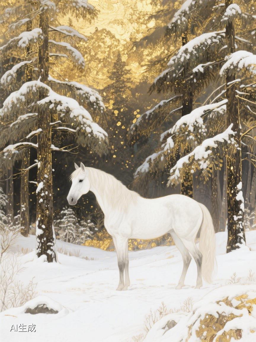 AI妙生图雪覆森林，白马静立，时光在此处慢下脚步，那一抹白，似是尘世里的纯净慰藉