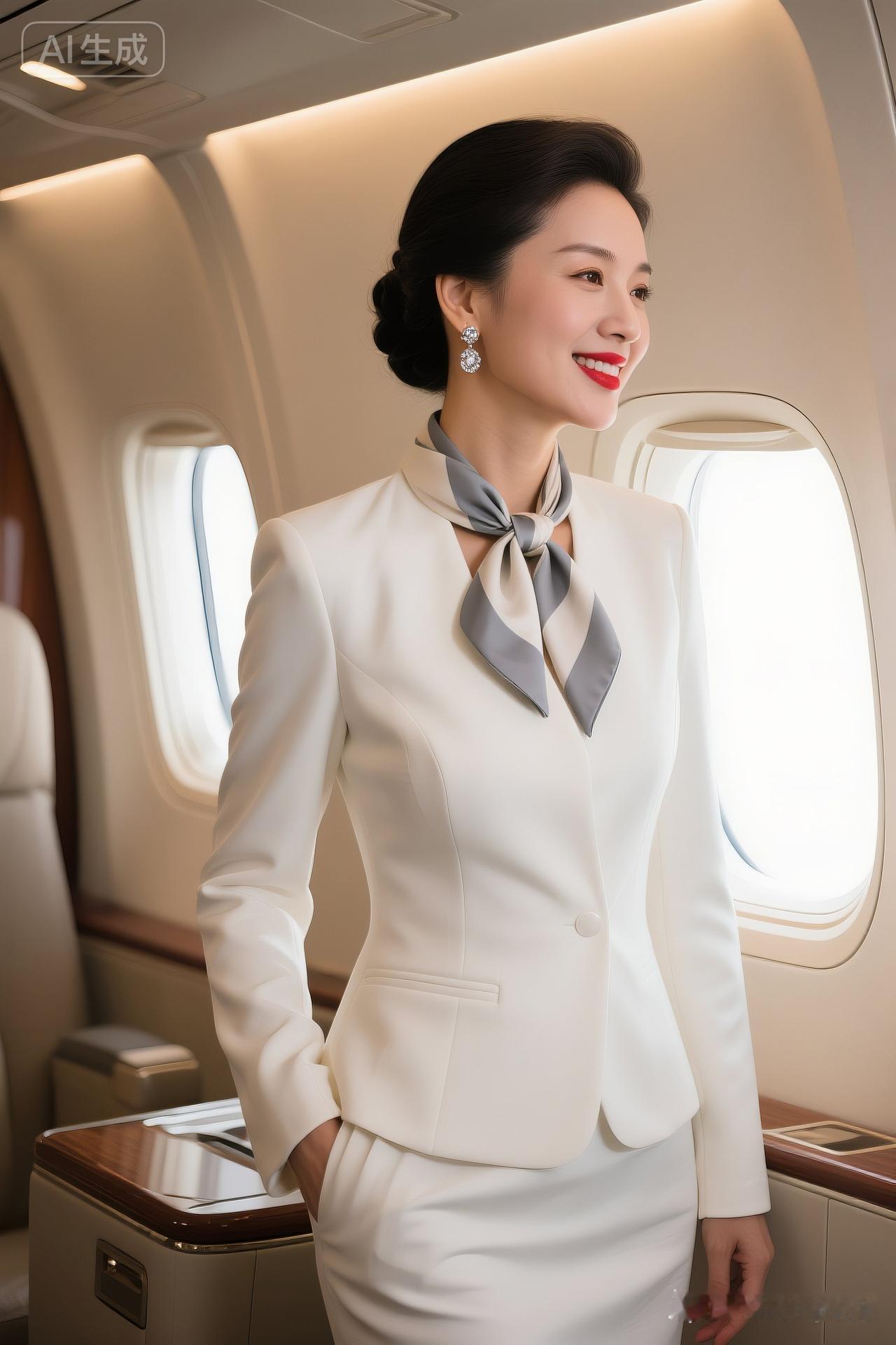 空姐的优雅微笑，机舱内的温馨氛围。