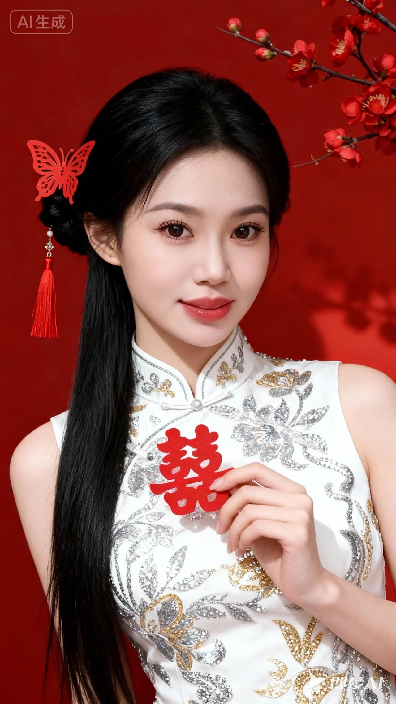 一位东方女性，冷白皮，水润樱桃唇，双眼皮长睫毛，姿态优雅，一手轻握红色囍字剪纸花