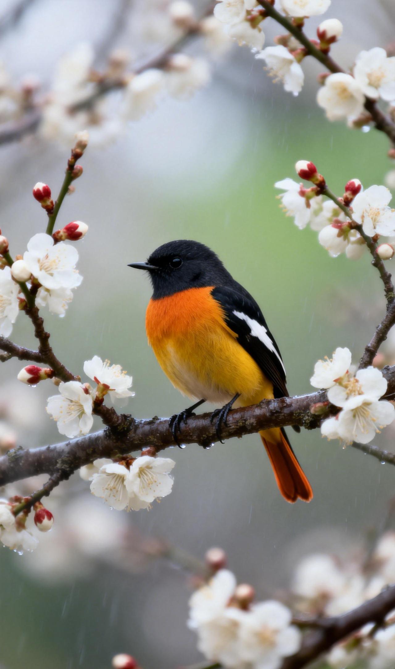 梅雨闻鸲
疏影横斜的梅枝间，一只北红尾鸲静静栖在晨光里。细雨如丝，悄然浸湿满树白