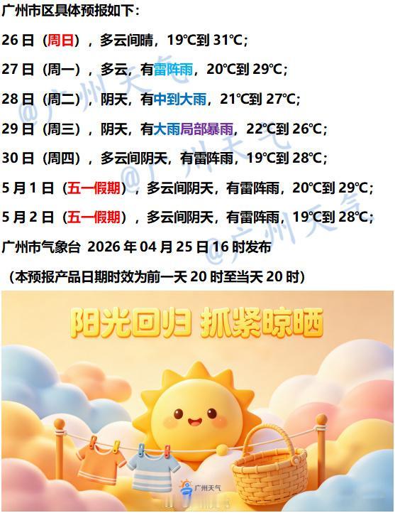 【广州未来七天（4月26日～5月2日）天气概况】广州地区27日周日，以多云间晴为