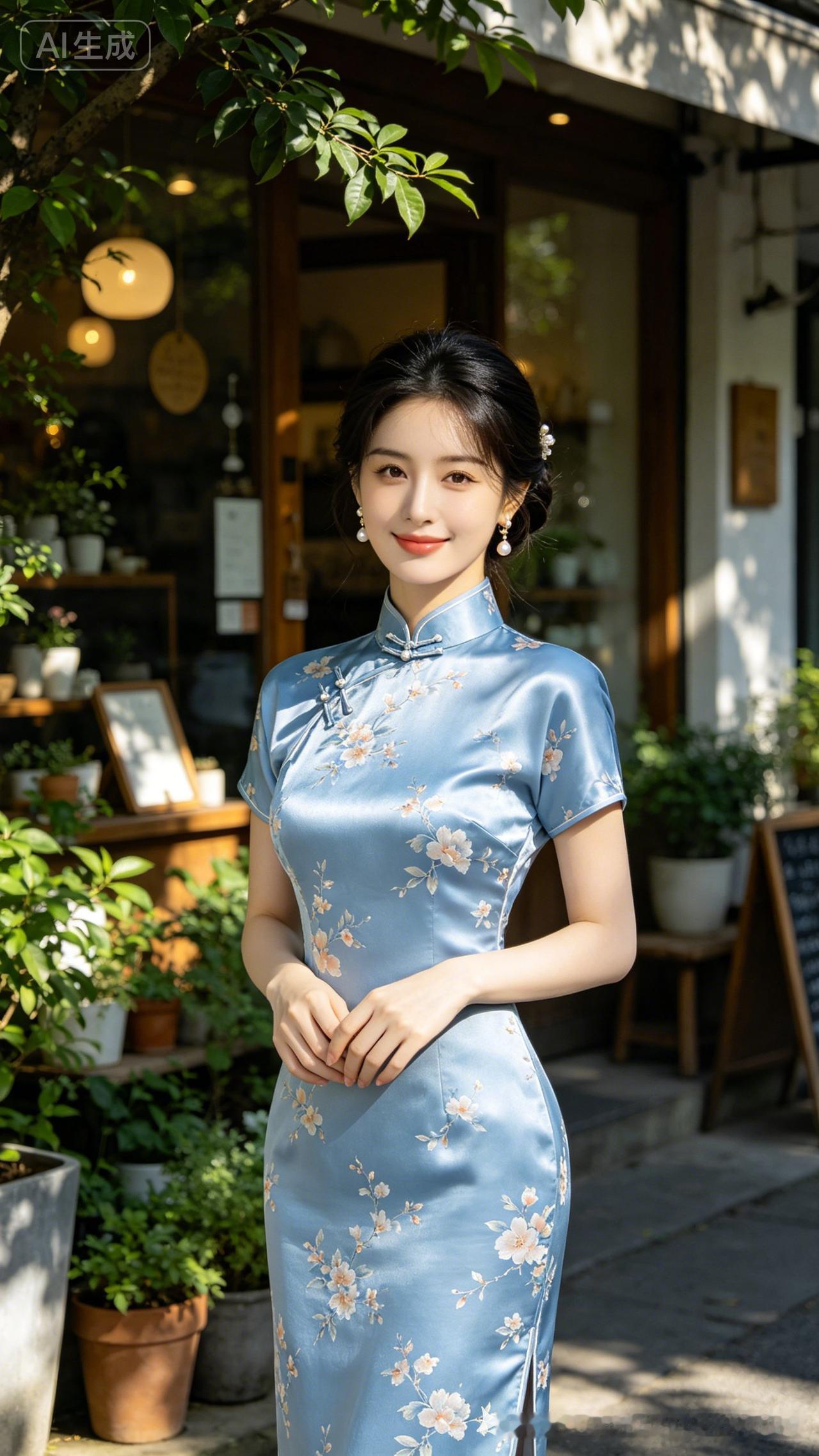 这位女士穿着蓝色旗袍，笑容甜美。