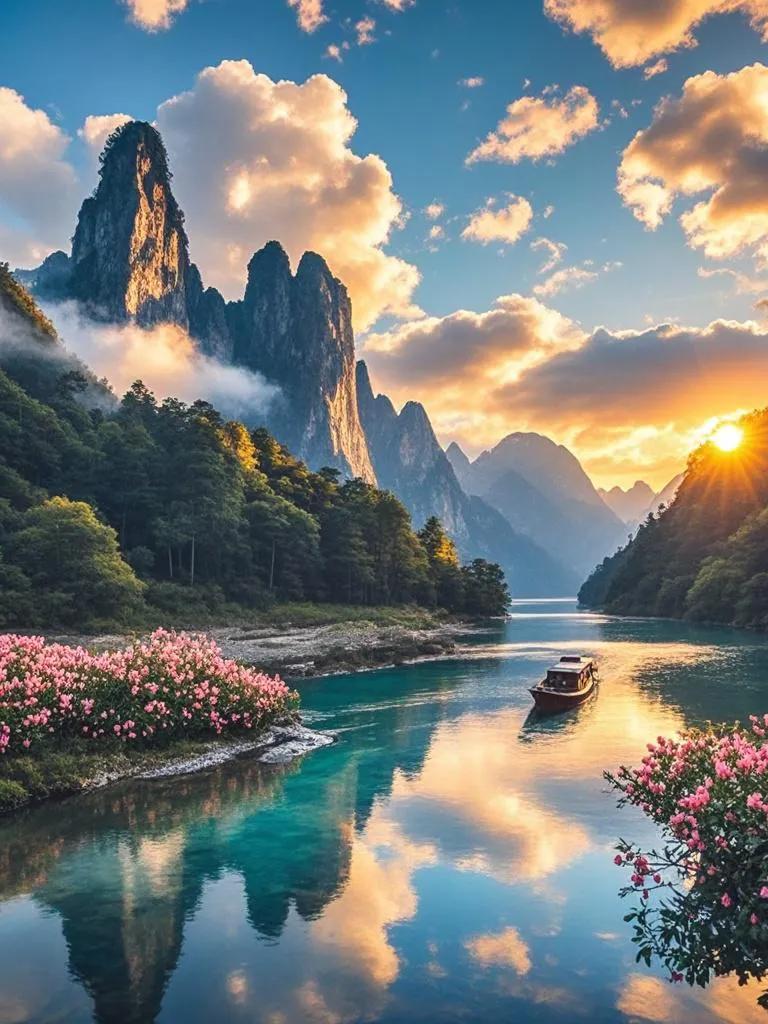 香溪源上夕阳浓，奇峰披彩立苍穹。林海云蒸霞蔚处，花草溪边映日红。风景富水长流 美