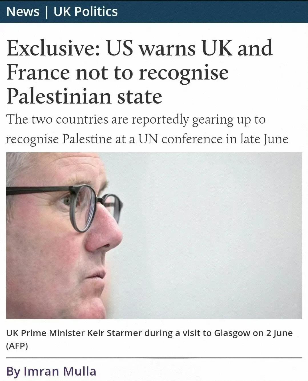 美国已警告英国和法国不要在本月举行的联合国会议上承认巴勒斯坦国。只能说美国确实是