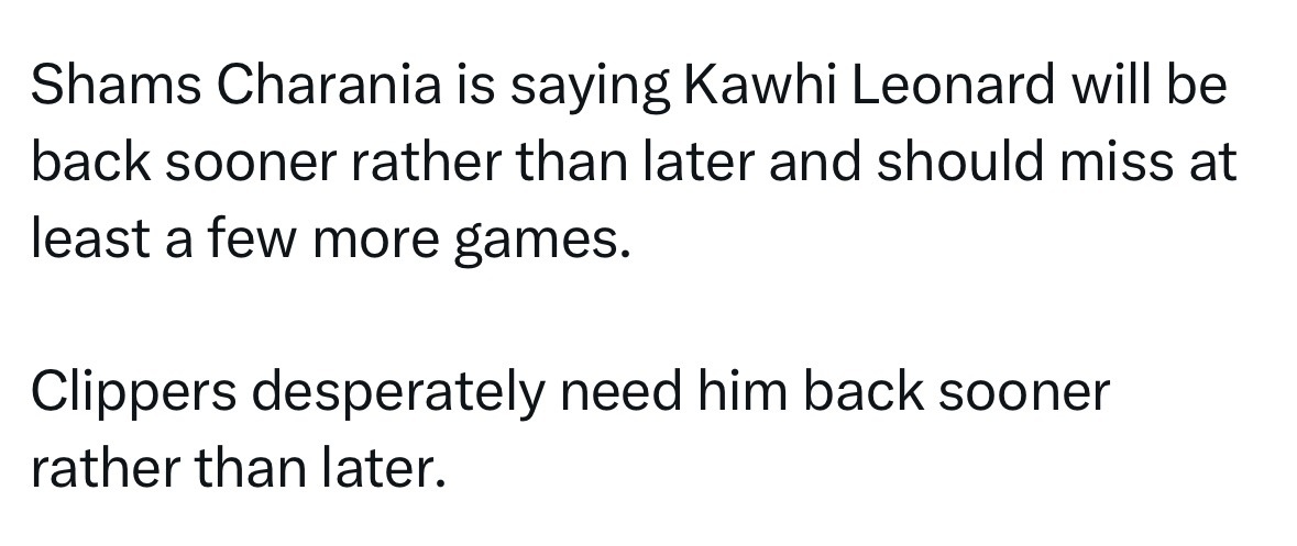 Shams：伦纳德很快就会回归，但至少还会缺席几场比赛。 