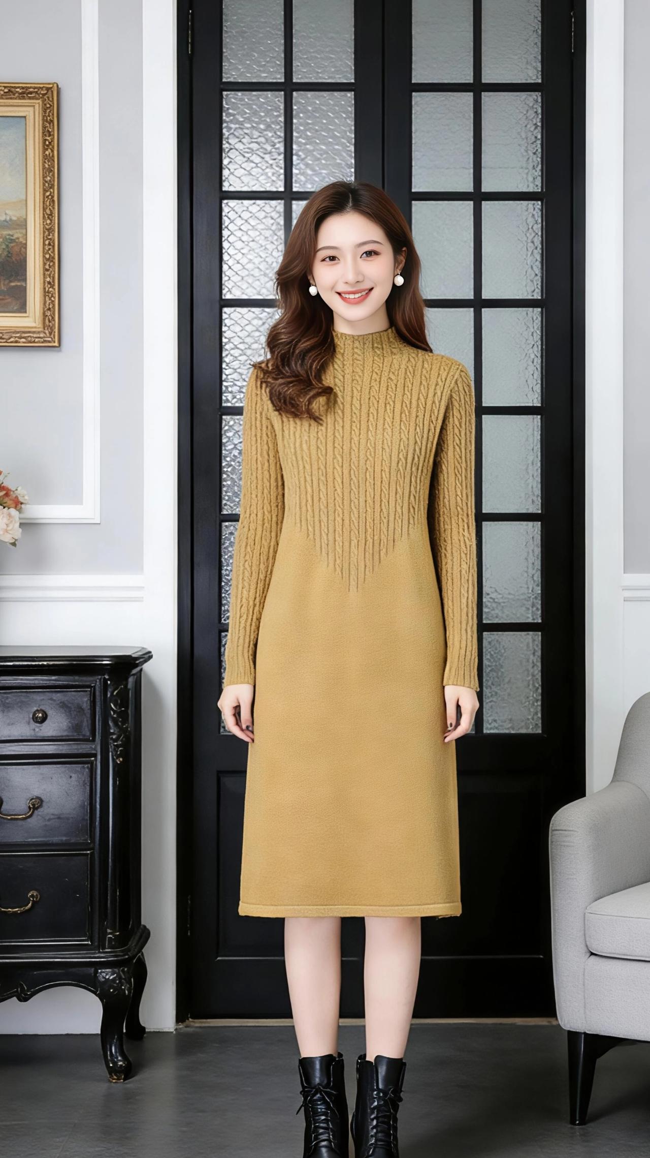 暖棕绒裙里的冬日温柔
 
这件暖棕调的针织裙，像把深秋的阳光纺进了绒线里。半高领