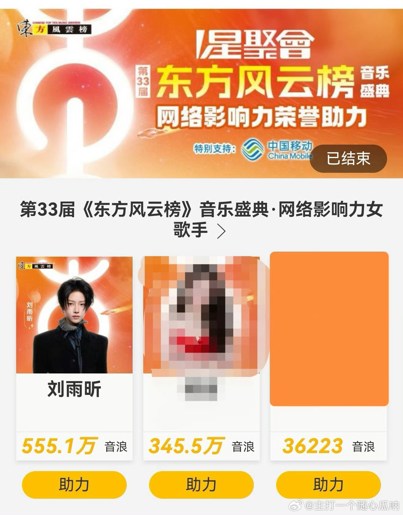 刘雨昕拿下东方风云榜网络影响力女歌手，连续四年了，恭喜🎉 