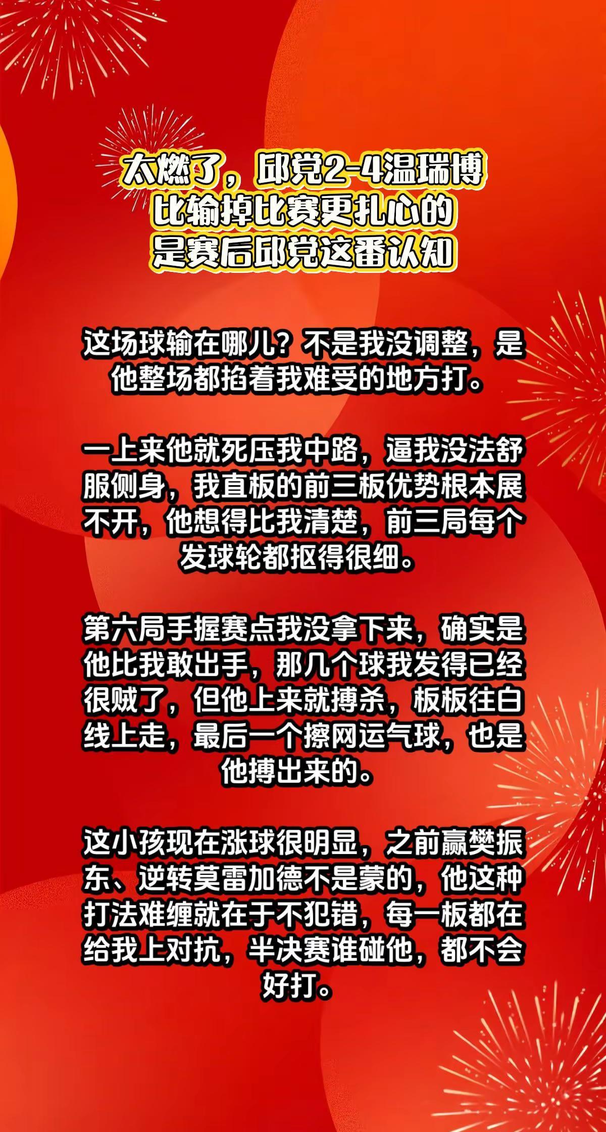 邱党2-4温瑞博，赛后邱党说出输球关键。