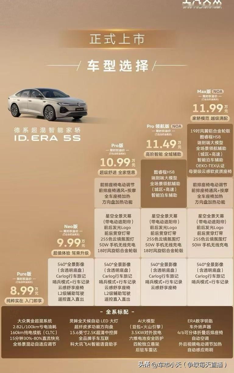 上汽大众的ID5S上市，最低权益价是8.99万。这应该是合资汽车品牌新能源车型，