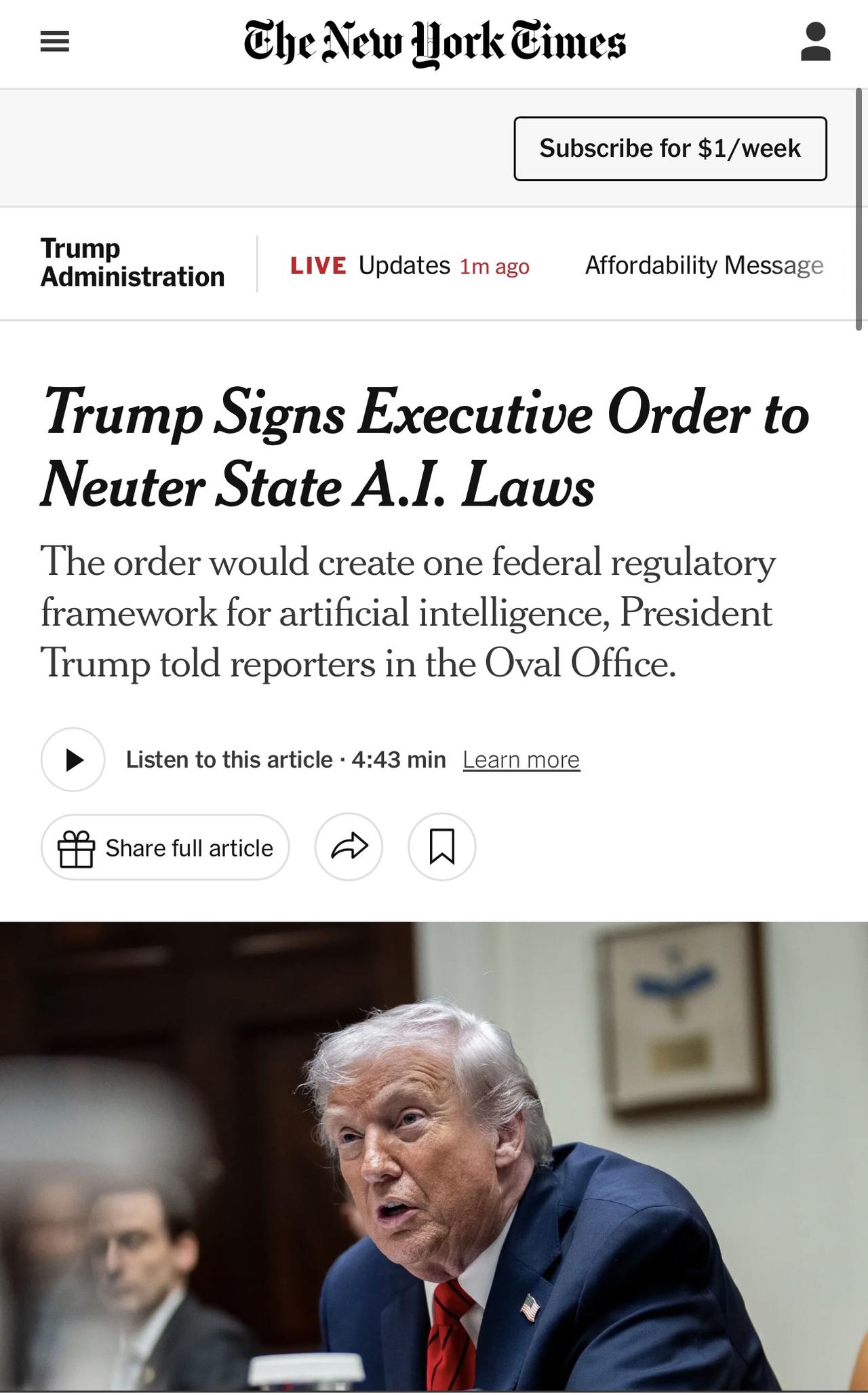 特朗普周四签署了一项行政命令，旨在削弱各州限制人工智能行业的法律，这对游说反对监