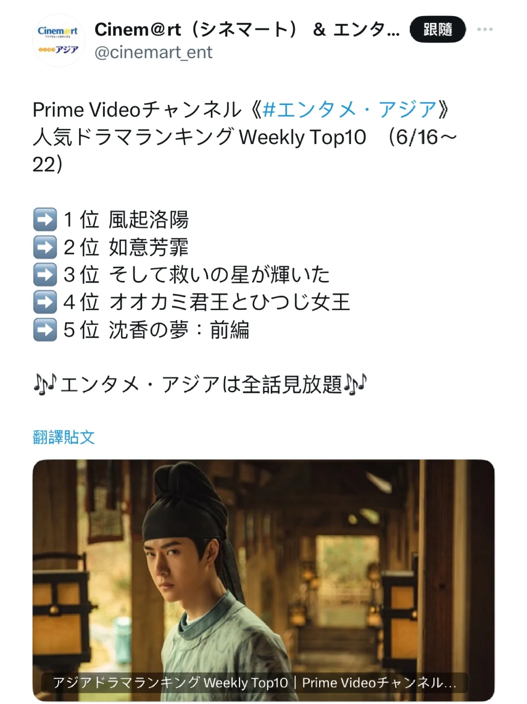 PrimeVedio熱門劇排行榜本周第一《風起洛陽》