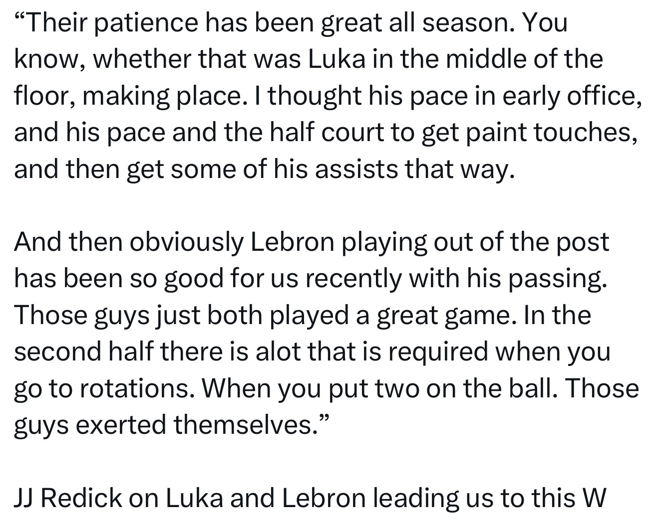 JJ·雷迪克谈卢卡和勒布朗如何带领球队赢得这场胜利：“他们整个赛季的耐心表现一直