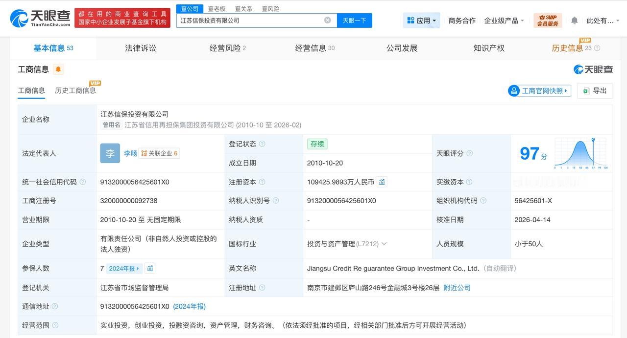 江苏信保投资公司增资至10.9亿 增幅约84%

天眼查App显示，近日，江苏信