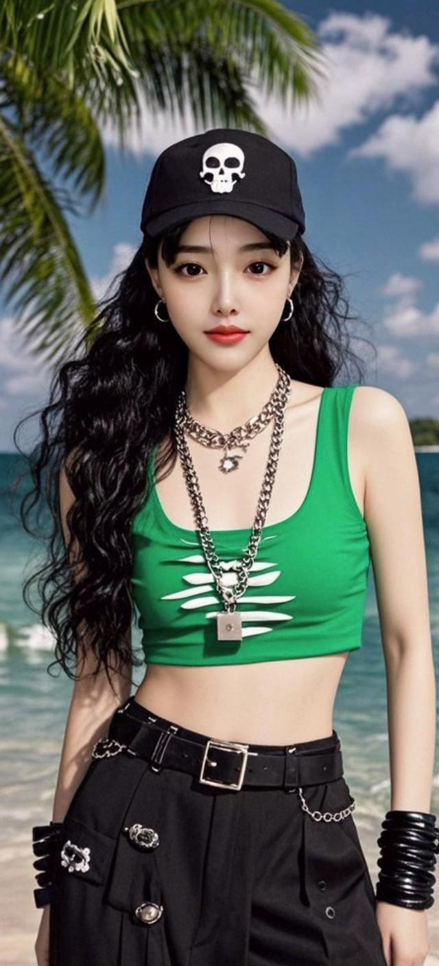 椰风海韵衬娇颜，绿裳黑裤酷当先。帽上骷髅添飒气，青春绽放意绵绵。 街头风闯海边