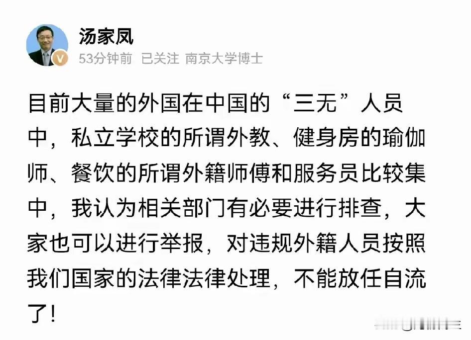 规范外籍人员管理，合法包容不等于放任无序
 
汤家凤提出排查在华“三无”外籍人员