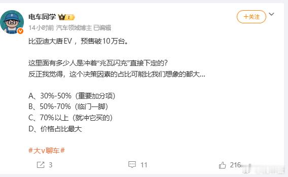 比亚迪大唐这个预售订单，还是让人很惊讶的大家是冲着闪充去订这台车的吗？ 