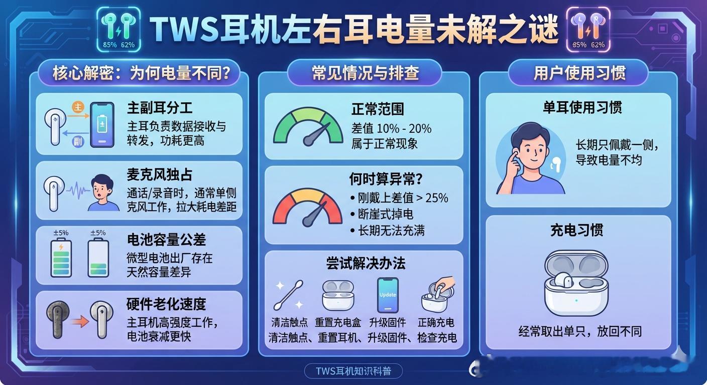 耳机左右耳电量未解之谜 大多数TWS耳机（即使支持双耳直连）在工作时，仍会指定一