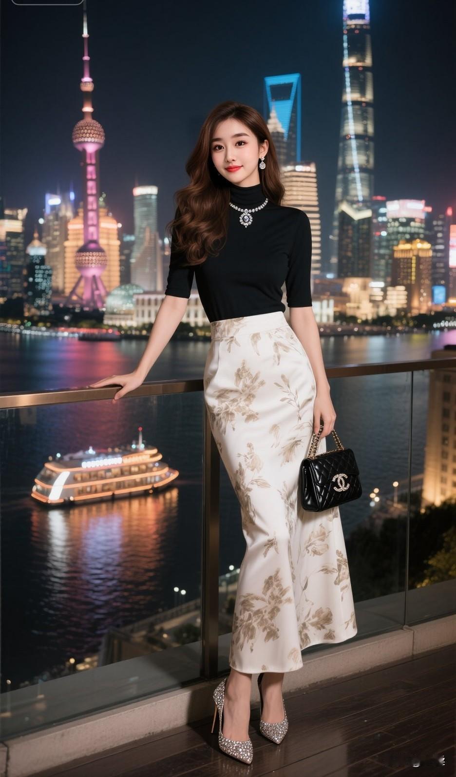 ✨好看又舒适的穿搭 ，海上夜景下，这身穿搭美炸！黑色高领中袖上衣，简约又显瘦，搭