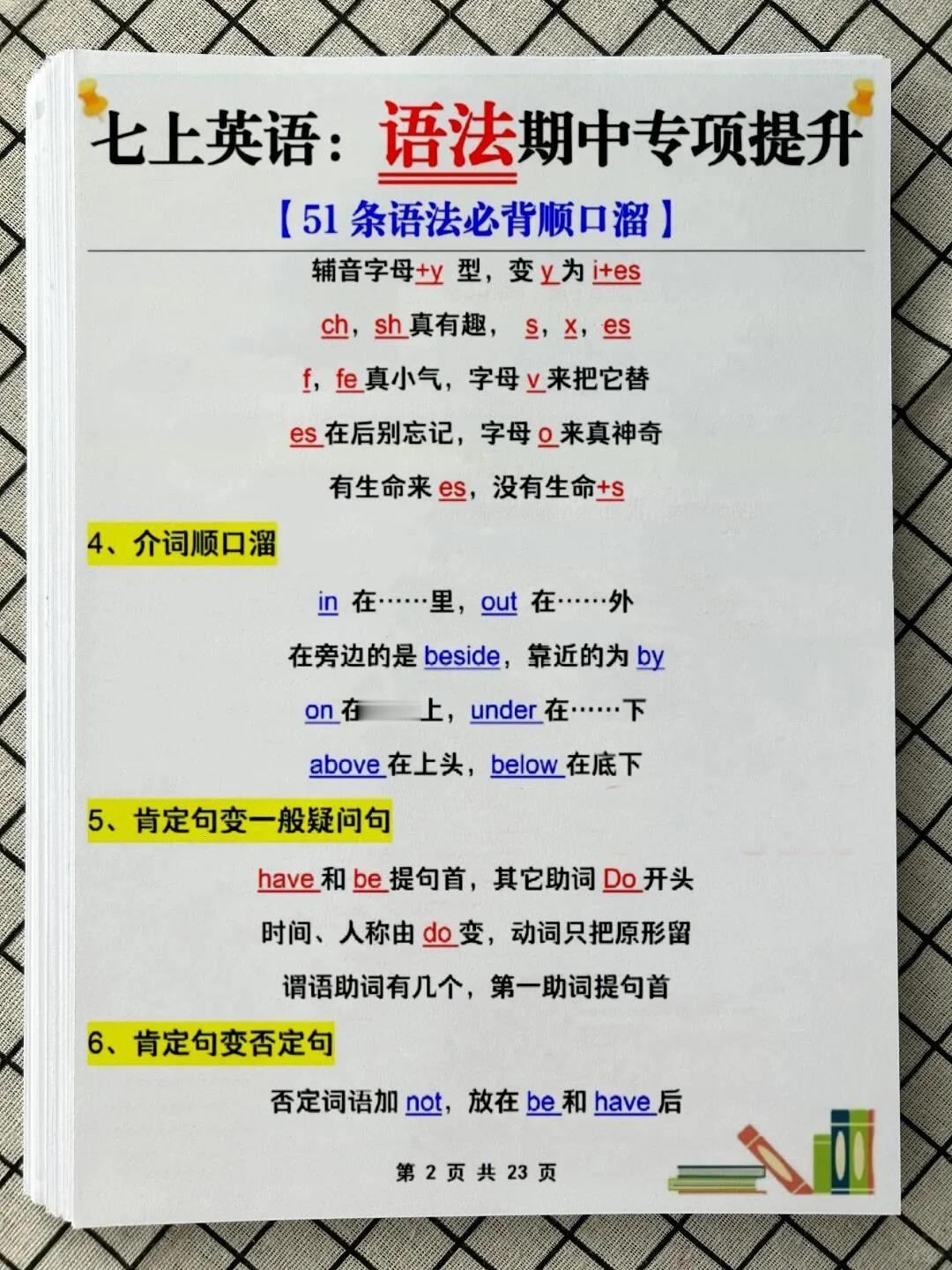 七上英语期中语法专项提升‼️51条语法顺口溜