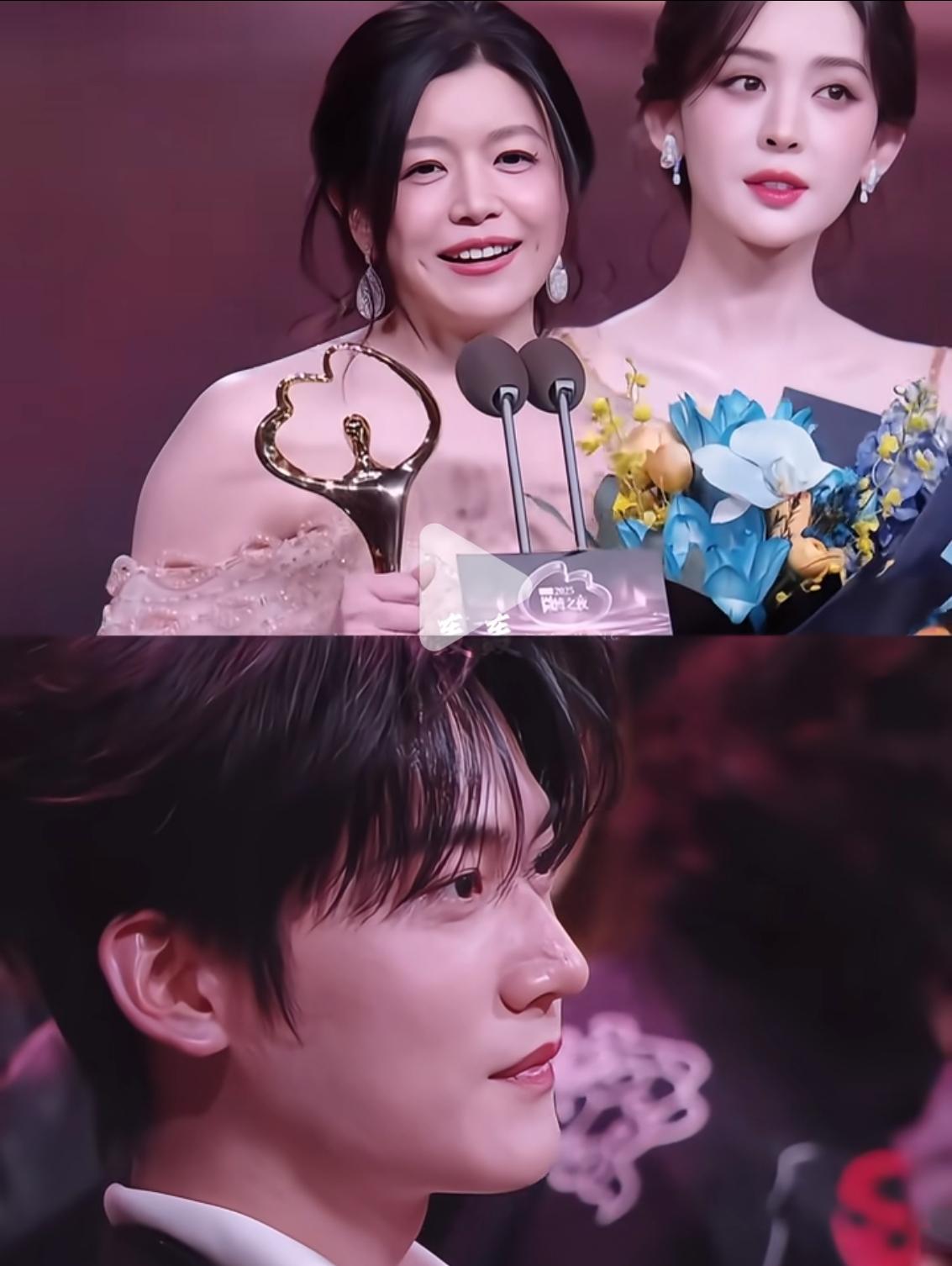 要说这两位男女明星没有动心，我还真不信。

陈妍希在台上领奖说话，周柯宇在座位上