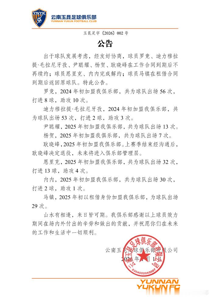 云南玉昆官宣主教练离任云南玉昆官宣8人离队  ：感谢安德森主教练在过去一年半为俱