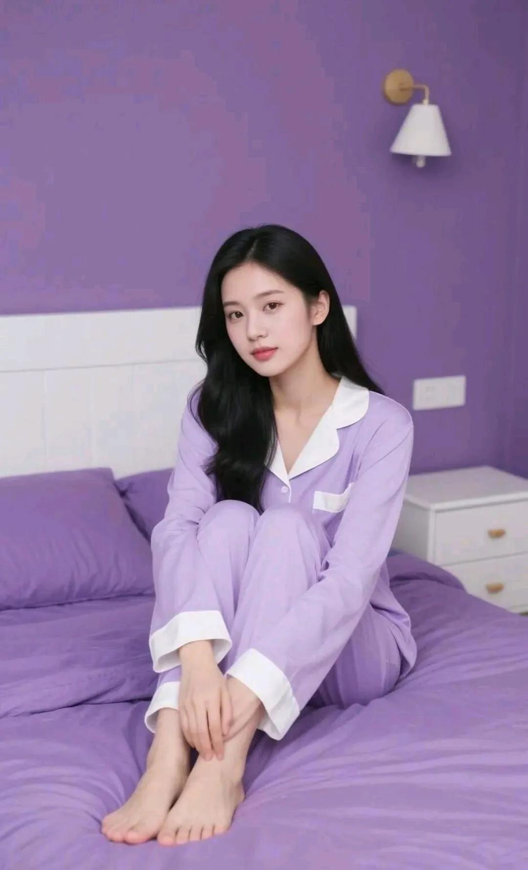 紫色睡衣少女，舒适自在，温馨卧室氛围。💜🌸🛏️