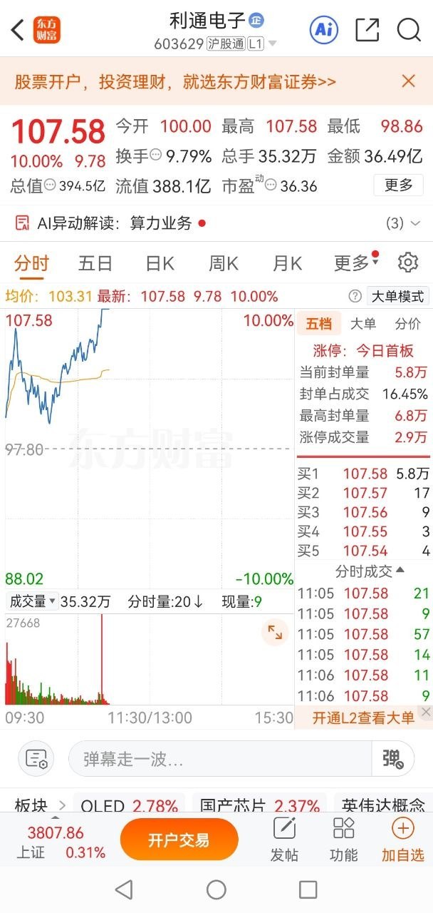 今早的利通电子成功封板，走势超出预期，算力赛道资金承接力度十足。有持仓的朋友可以