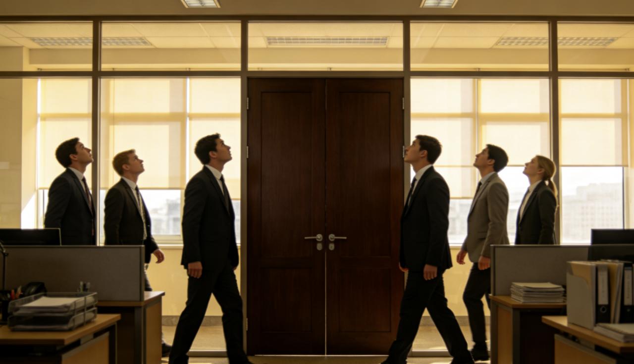 部门领导在办公室，门就开着；领导不在，门就关着。
大家进出都瞄一眼那扇门，像看红