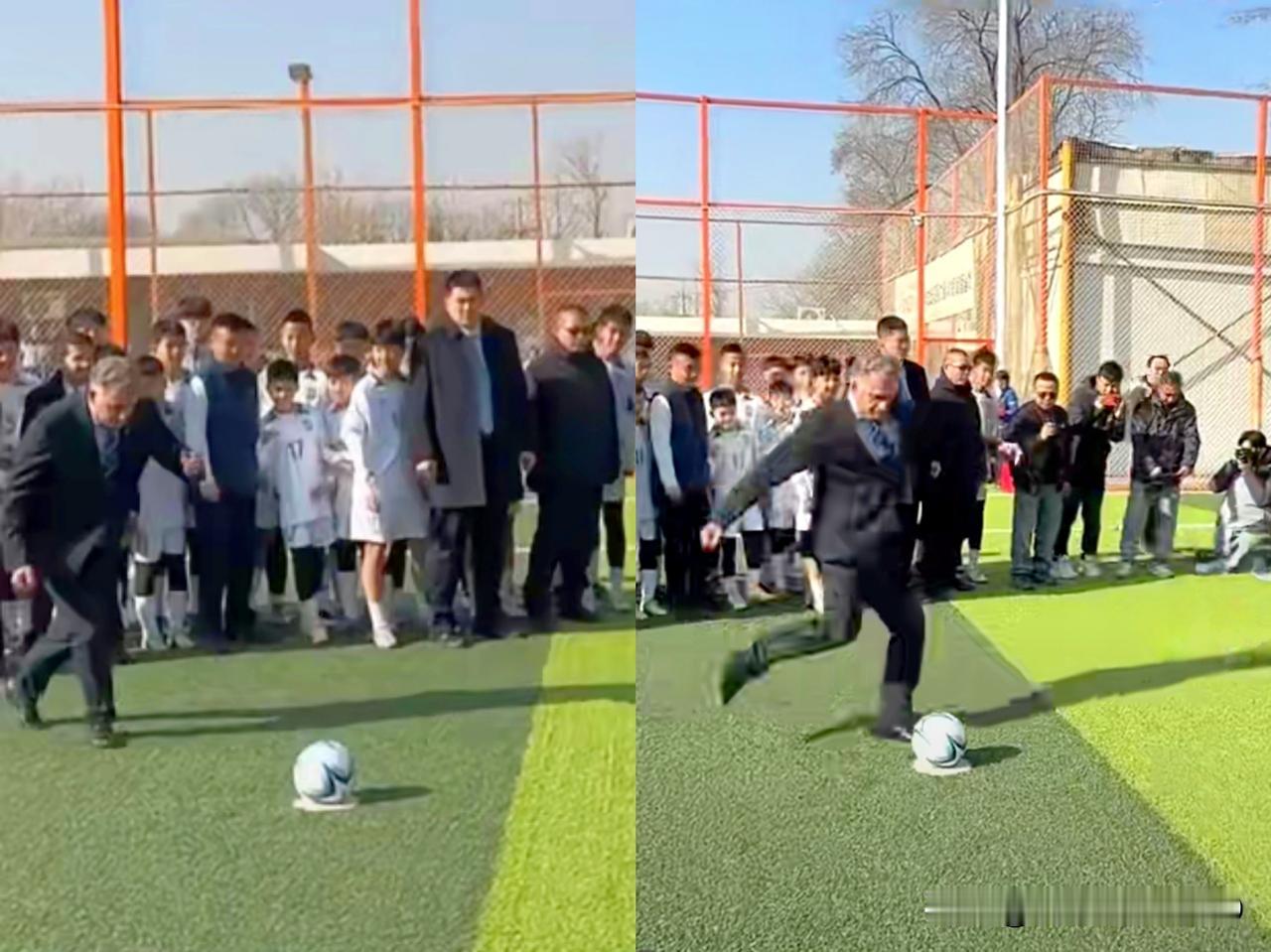 奥尔西在北京踢足球互动，从助跑到踢球，可以看出足球强国出品的功底与自信。
乌拉圭