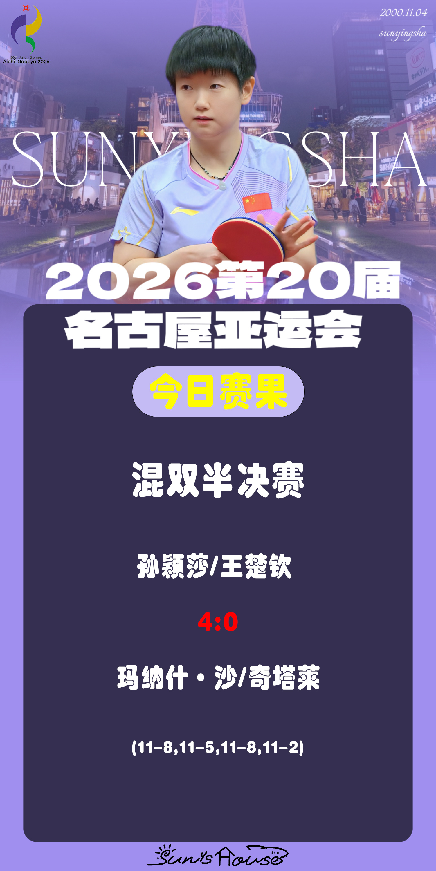 孙颖莎  🏓名古屋亚运会 【今日赛果】女单1/16决赛孙颖莎4-0玛丽亚姆·阿