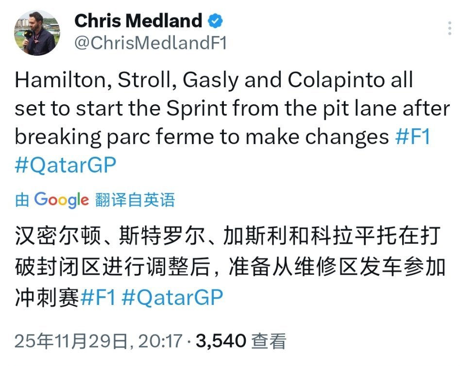 汉密尔顿、斯托尔、加斯利和科拉平托 四台赛车调整了赛车设定，冲刺赛将从维修区起步