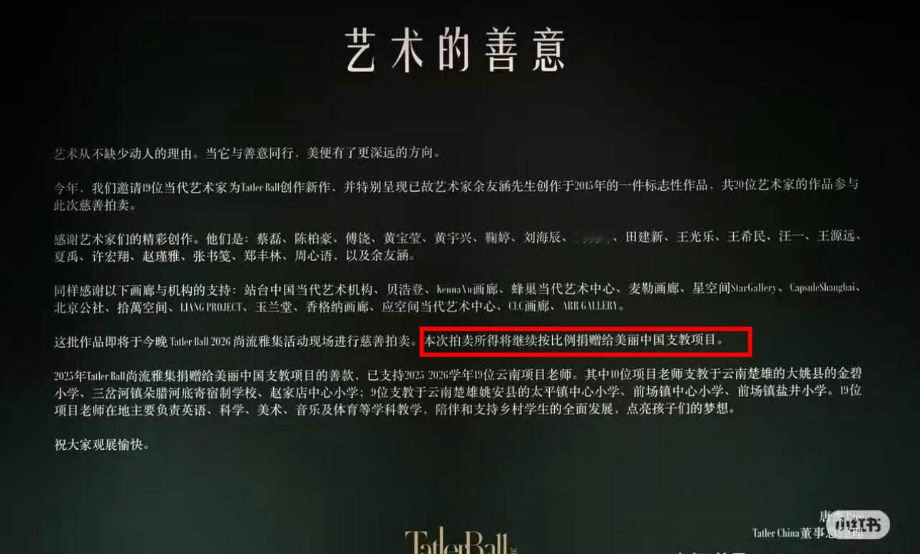 范思哲今晚的慈善拍卖所得会用于支持美丽中国支教项目，丁禹兮用实际行动助力慈善事业