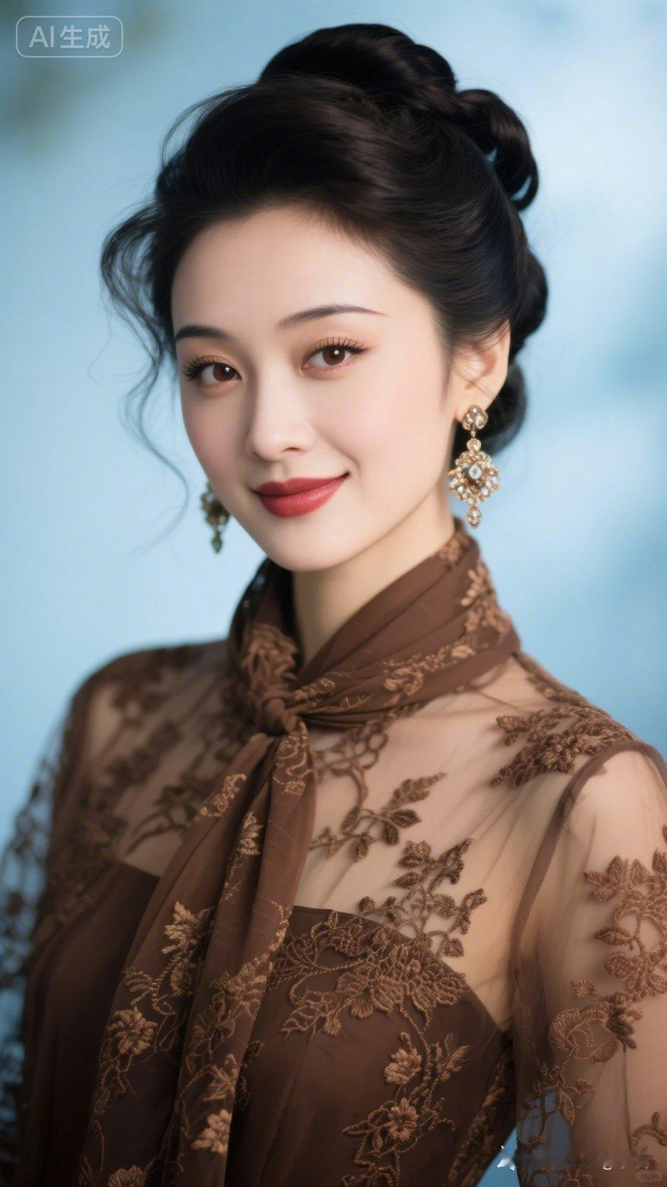 优雅复古风，精致妆容与复古耳环完美搭配，尽显东方女性魅力。